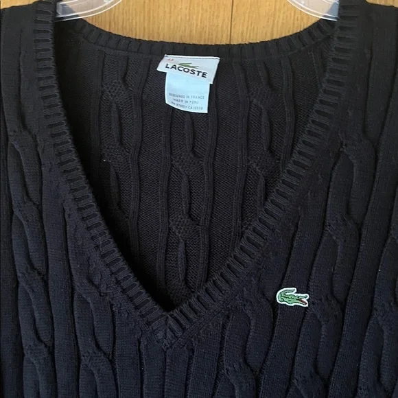 Lacoste Men’s Black Cotton Cable Knit V Neck Sweater Peru Size XL 44 EUC